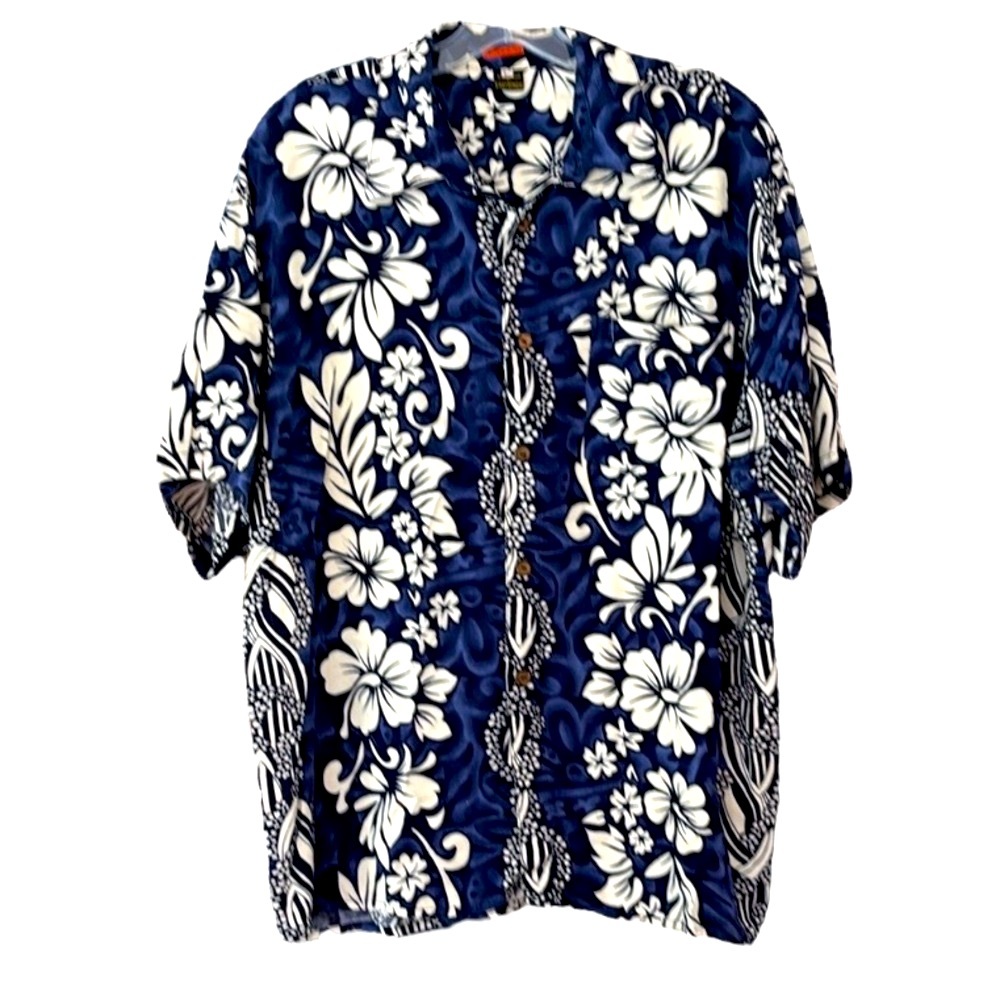 Vintage Blue and White Casual Floral Button Down Hawaiian Shirt